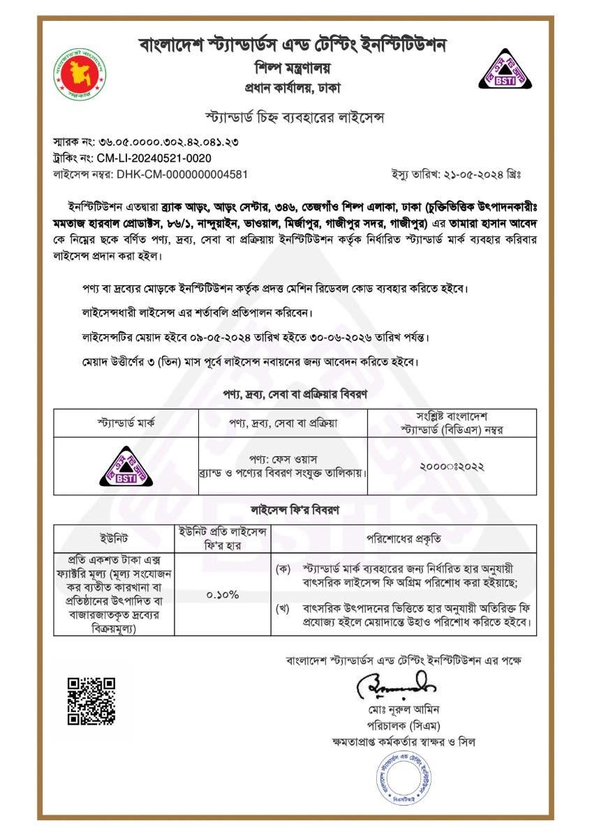 BSTI Licence for Face Washes